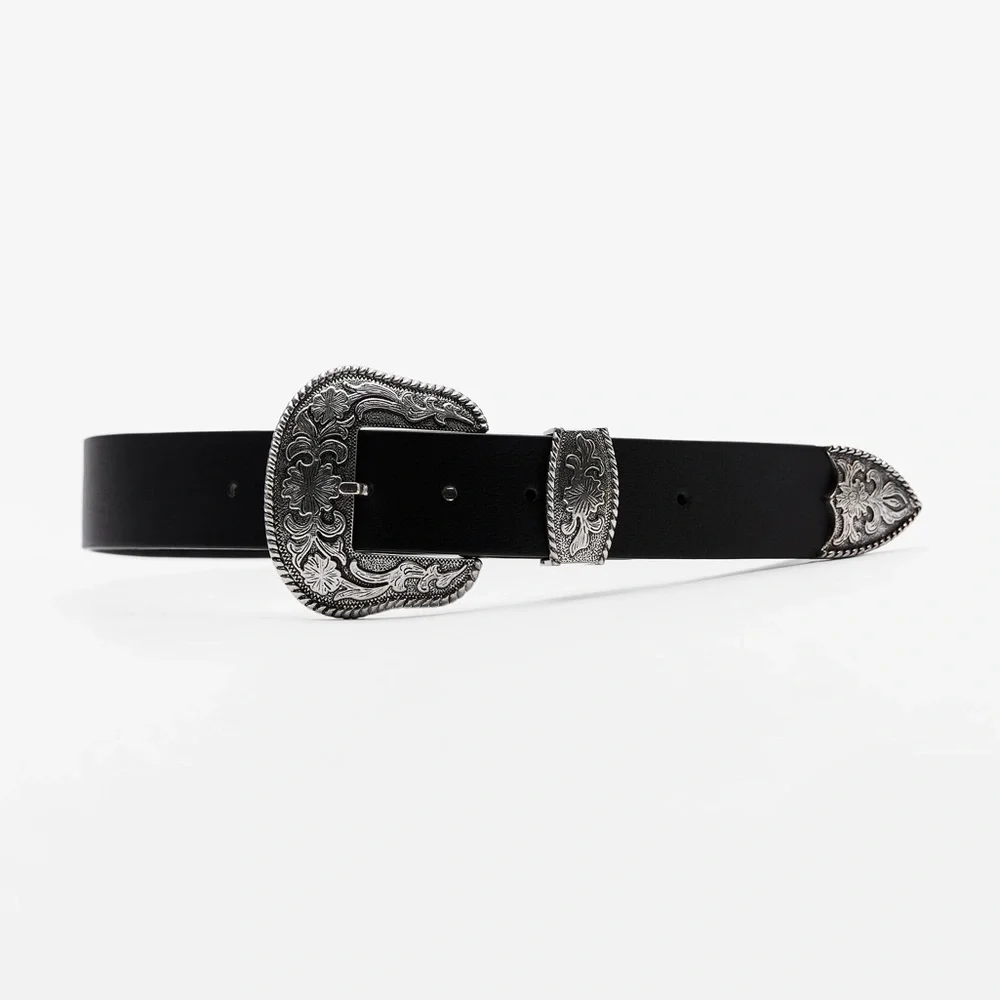 NWT. Zara Black Vegan Leather Embossed Western Silver Buckle Belt. Size 30.